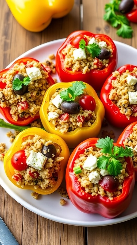 Colorful stuffed bell peppers filled with quinoa, tomatoes, olives, and feta cheese, garnished with parsley.